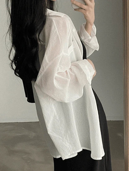 White Classic Lightweight Sheer Long Sleeve Blouse