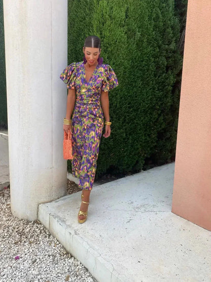 Party Puff Sleeve Printed Dress | V-Neck