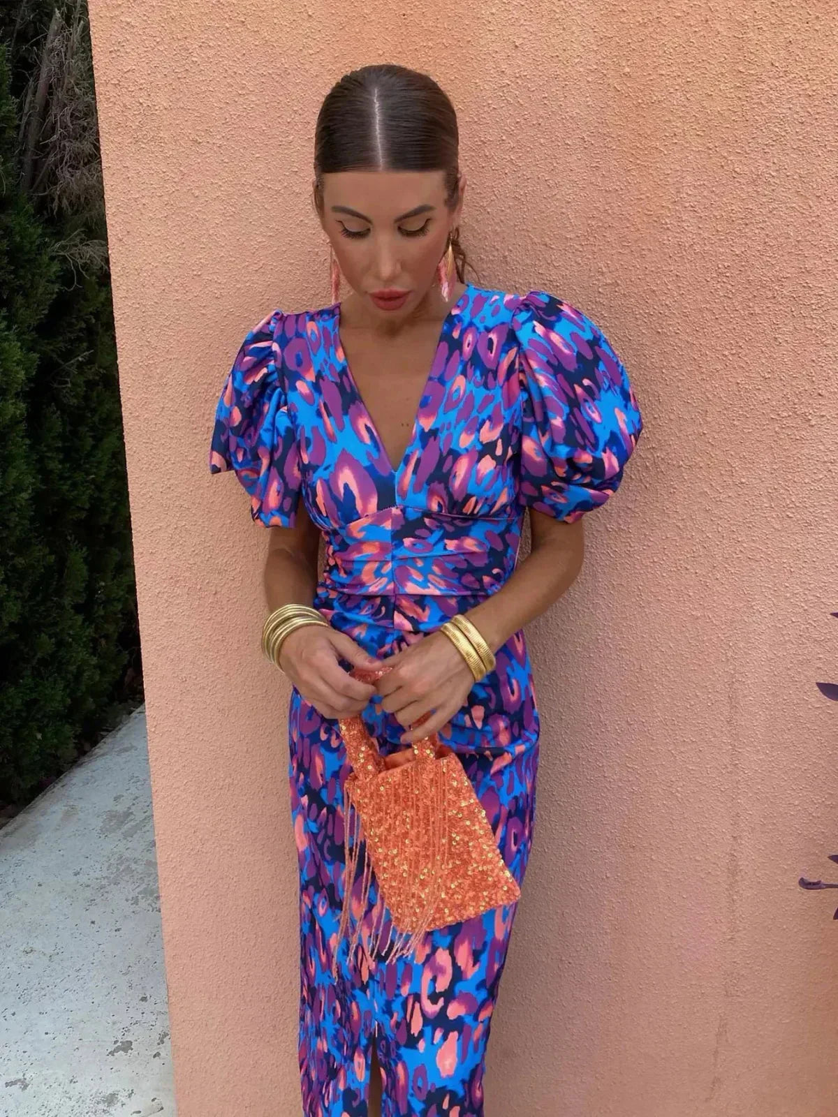 Party Puff Sleeve Printed Dress | V-Neck