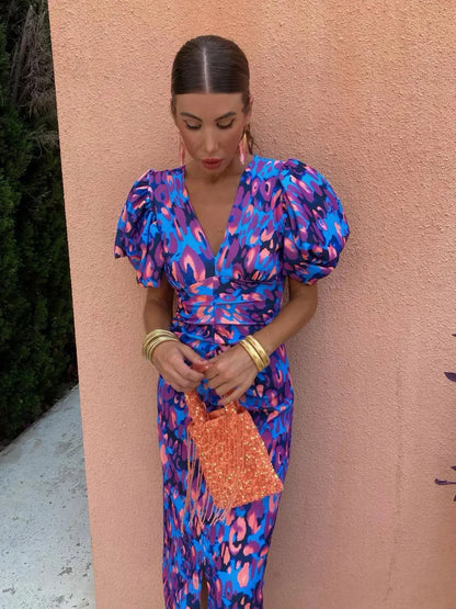 Party Puff Sleeve Printed Dress | V-Neck