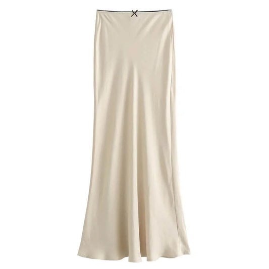 Solid Color Vintage Low Waist Bow Satin Maxi Skirt