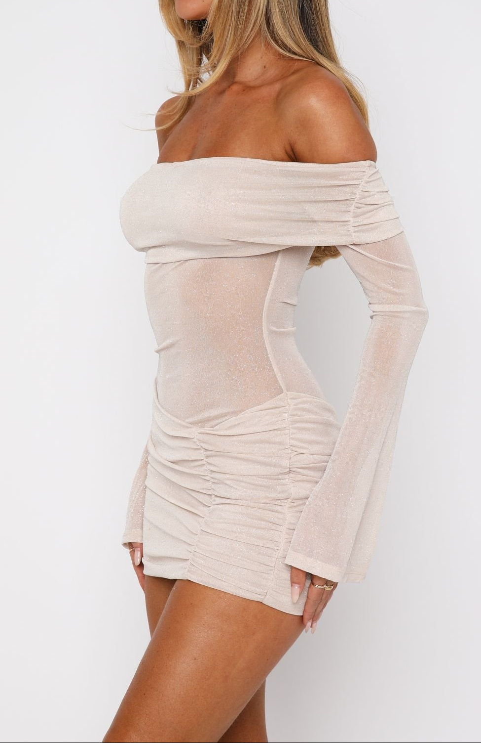 Ashley Long Sleeve Glitter Mini Dress Champagne