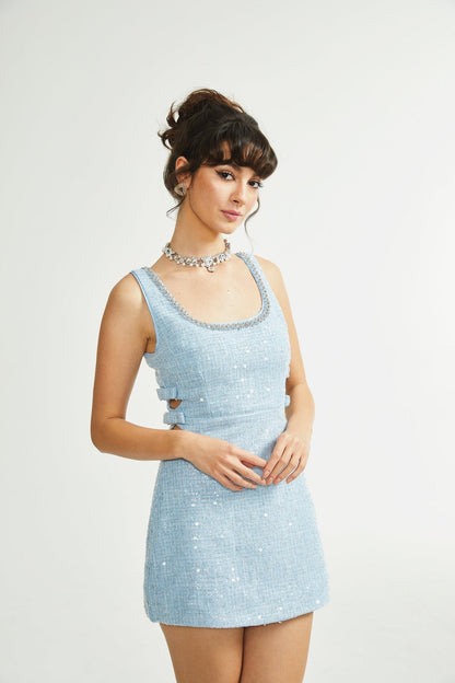 Baby Blue Tweed Mini Dress with Cut-Outs for Women - Nadia