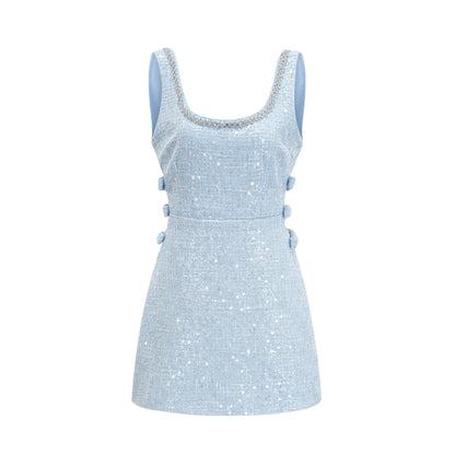 Baby Blue Tweed Mini Dress with Cut-Outs for Women - Nadia