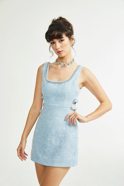 Baby Blue Tweed Mini Dress with Cut-Outs for Women - Nadia