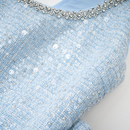 Baby Blue Tweed Mini Dress with Cut-Outs for Women - Nadia