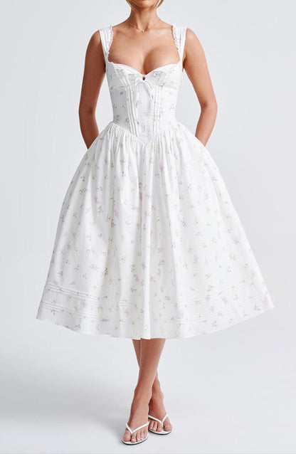 Romanadia Midi Dress - White Multi Floral Print