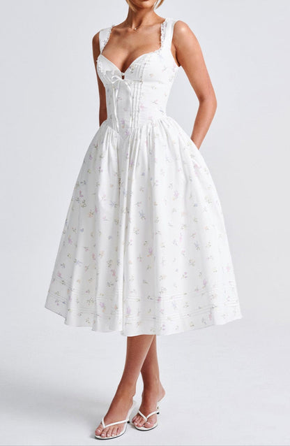 Romanadia Midi Dress - White Multi Floral Print