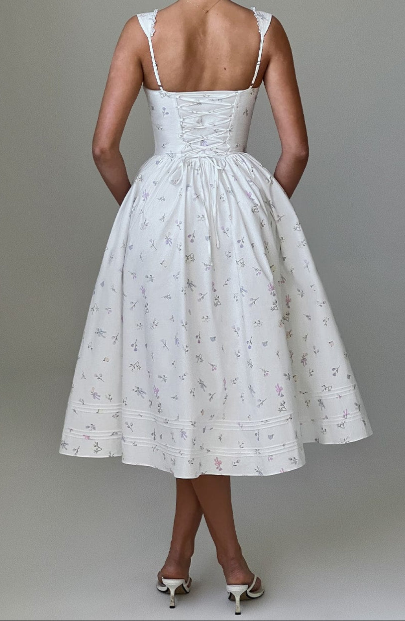 Romanadia Midi Dress - White Multi Floral Print
