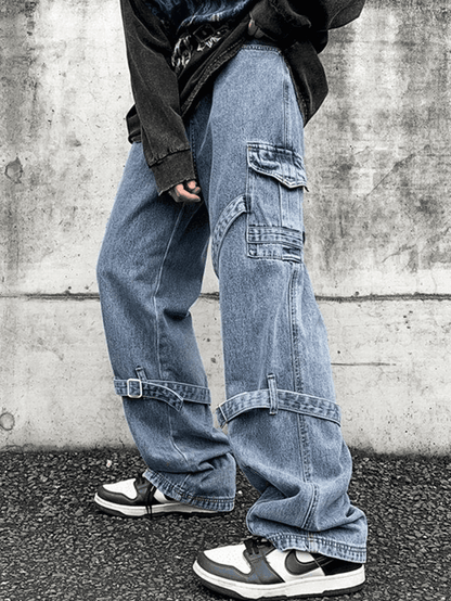 Men's Blue Hip Pop Strap Detail Cargo Jeans