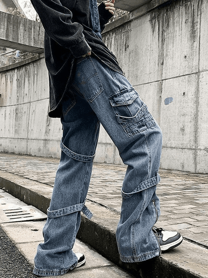 Men's Blue Hip Pop Strap Detail Cargo Jeans