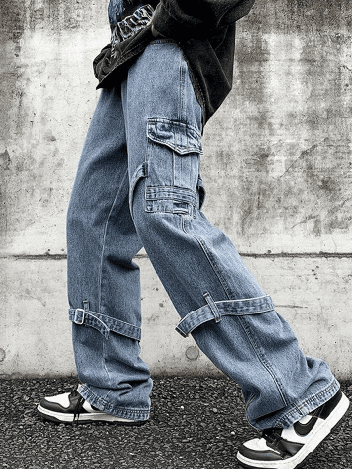 Men's Blue Hip Pop Strap Detail Cargo Jeans