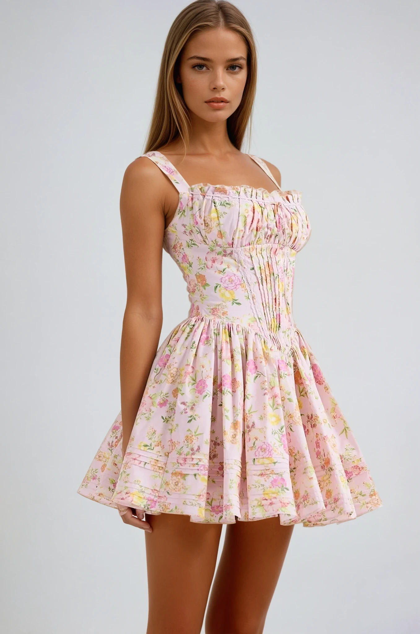 Pink Floral Mini Dress with Corset Bodice for Women - Caterina