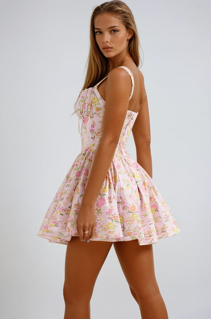 Pink Floral Mini Dress with Corset Bodice for Women - Caterina
