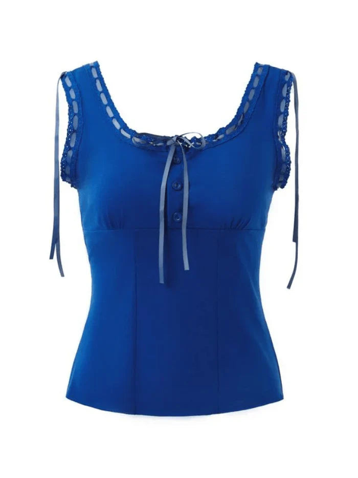 Blue Vintage Neckline Lace Stitching Cami Top