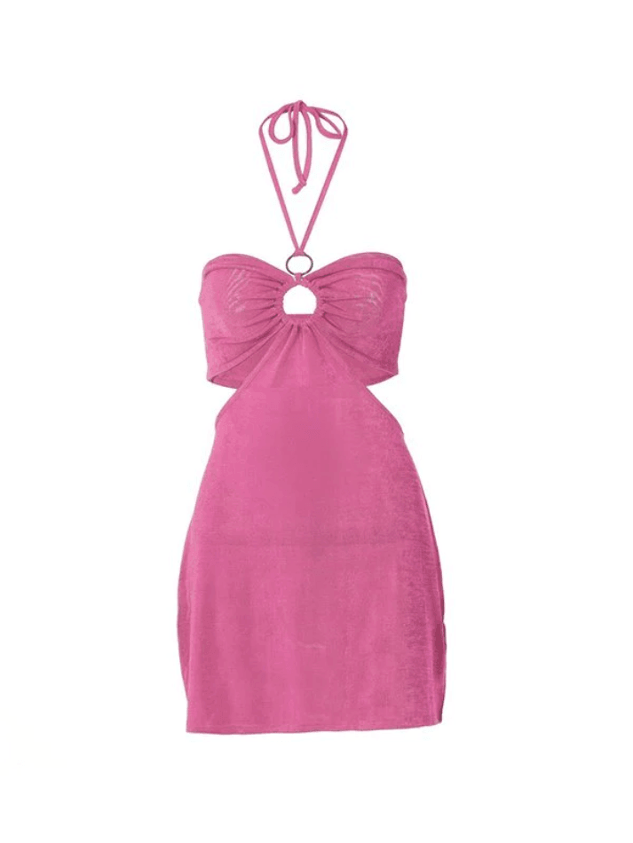 Vestido corto con cuello halter, abertura y anilla en forma de O en color rosa vintage