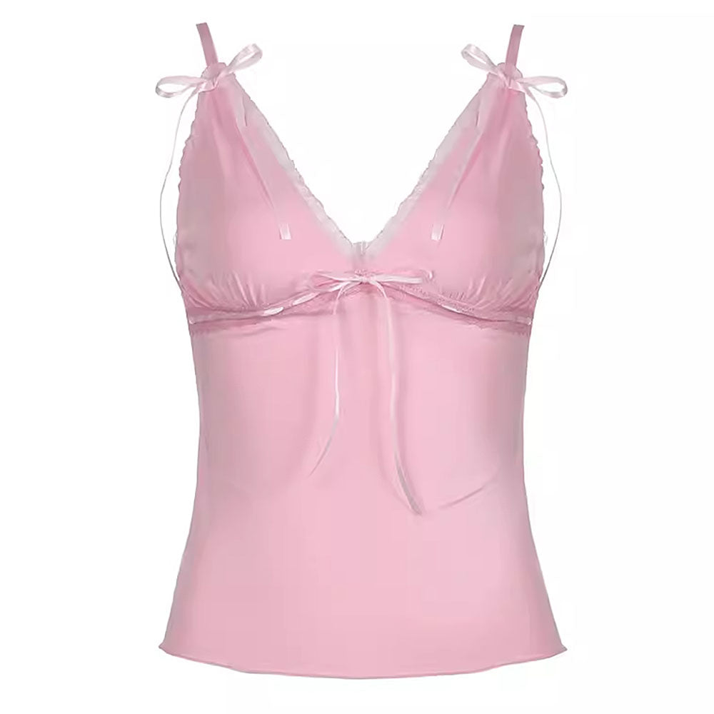 Pink Sweet Coquette Girl Bow Lace Cami Top