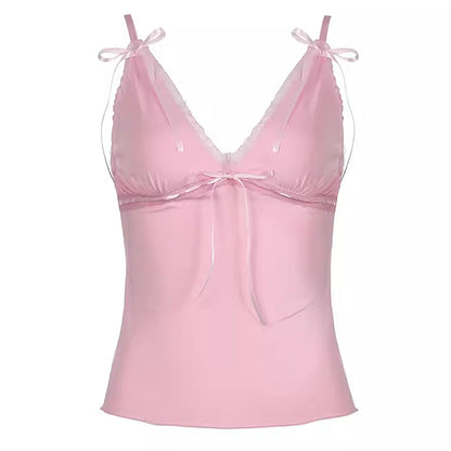 Pink Sweet Coquette Girl Bow Lace Cami Top