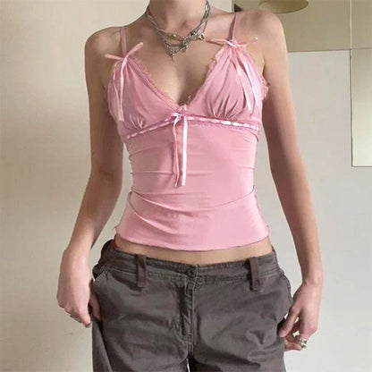 Pink Sweet Coquette Girl Bow Lace Cami Top