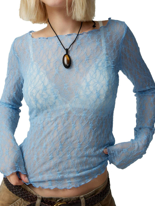 Vintage Perspective Lace Mesh Slim Long Sleeve Tee