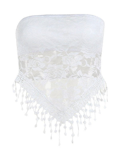 Top bandeau de encaje sexy vintage blanco con flecos