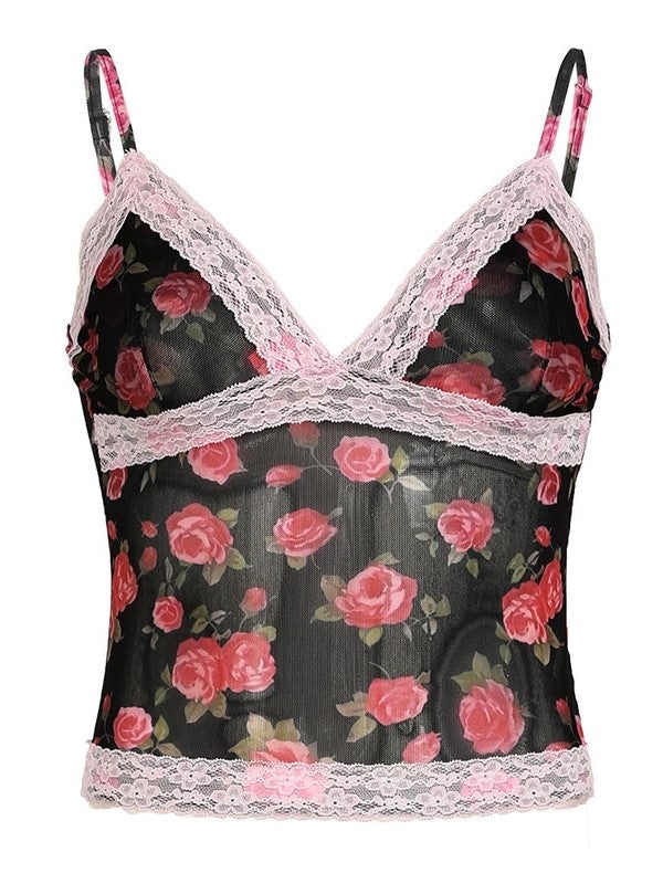 French Rose Print Lace Patchwork Cami Top