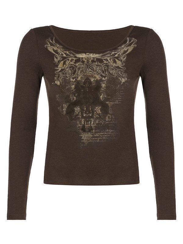 Brown Gothic Punk Long Sleeve Top with Print