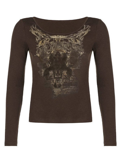 Brown Gothic Punk Long Sleeve Top with Print