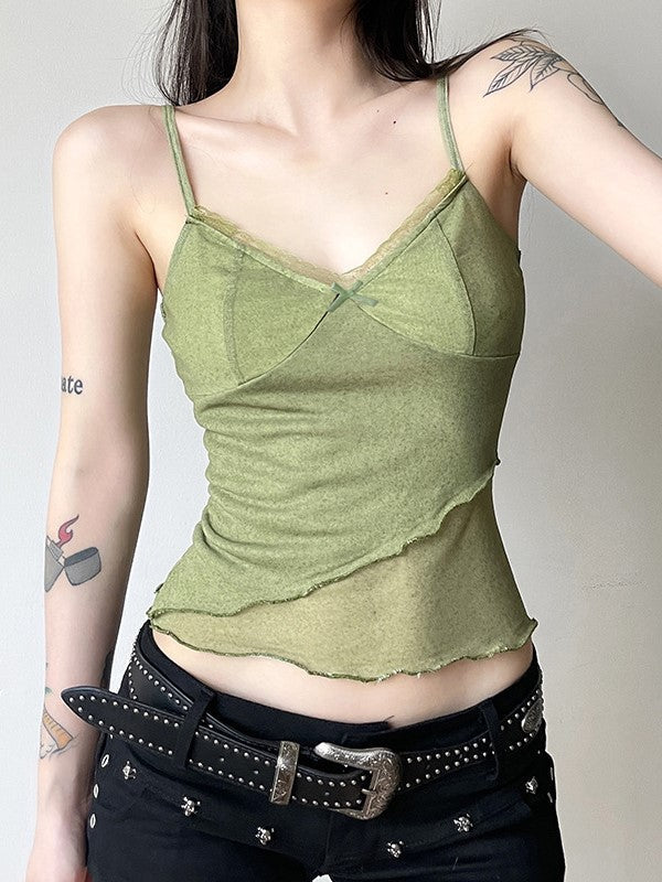 Top halter y falda midi de patchwork de malla vintage verde