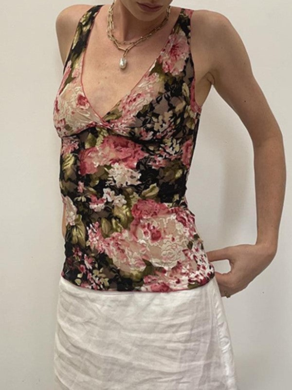 Vintage Floral Print Lace V Neck Tank Top