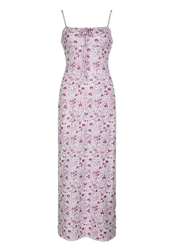 Pink French Print Tie Up Maxi Dress