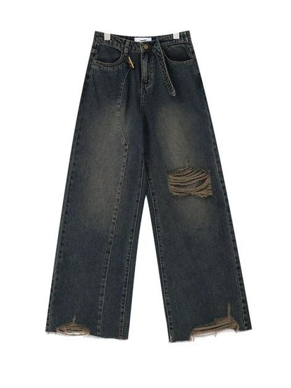 Vintage Washed Baggy Boyfriend Jeans with Buckle and Ribbed Details