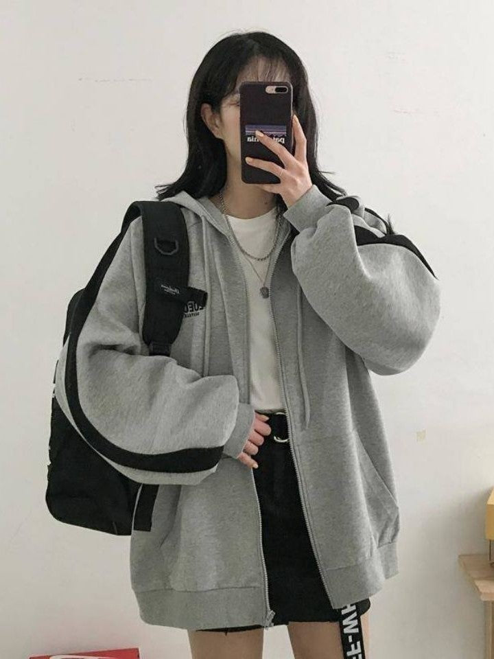 Grey Retro Oversized Zipper Hoodie