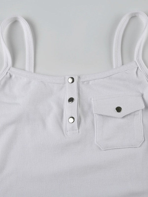 White Vintage Bottons Front Tank Top with Pocket