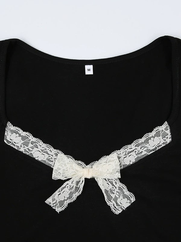 Black Lace Trimmed V Neck Ribbon Long Sleeve Top