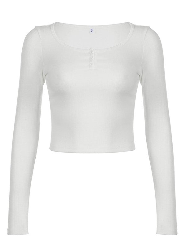 White Classic V Neck Button Up Long Sleeve Top