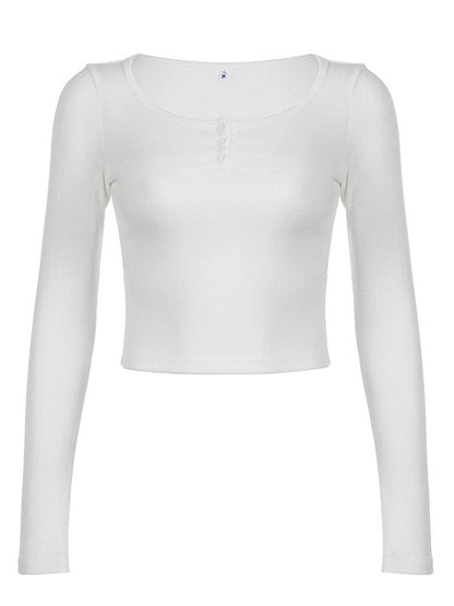 White Classic V Neck Button Up Long Sleeve Top