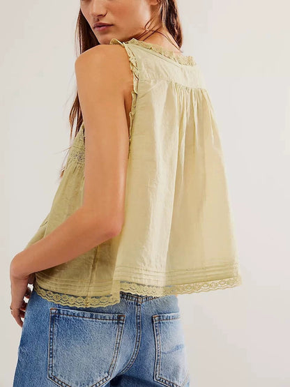 Solid Color Hollow Out Ruffle Cardigan Tank Top