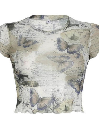 Y2K Butterfly Printed Mesh Rolled Trim Crop Top