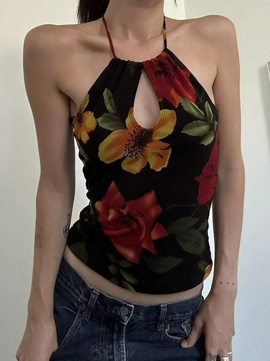 Top camisola calado con estampado floral vintage