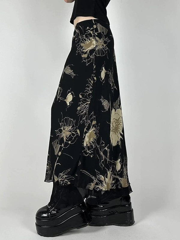 Vintage Floral Print Low Waist Maxi Skirt