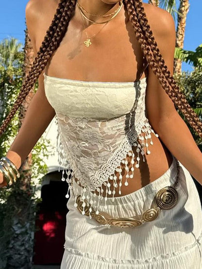 White Vintage Sexy Lace Fringe Bandeau Top