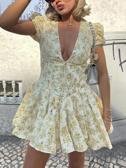 Yellow French Floral Deep V Bubble Short Sleeve Mini Dress