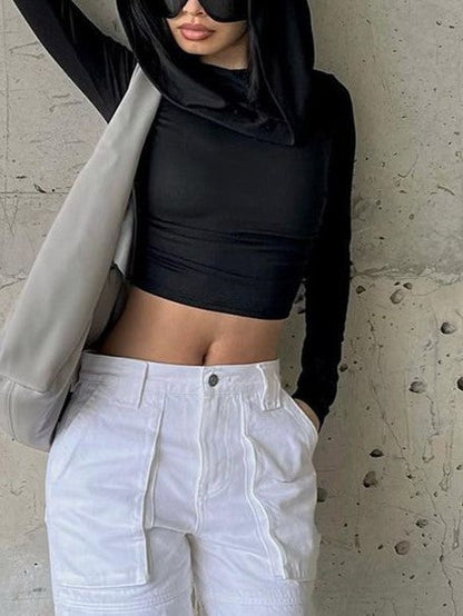 Vintage Pleated Hooded Long Sleeve Crop Top