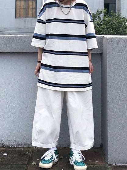 Unisex Contrast Hip Hop Oversized Stripe Short Sleeve Top