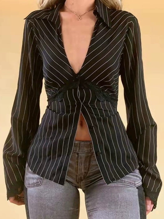 Vintage striped long sleeve blouse with V-neck and lace
