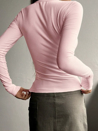 Classic Solid Color Long Sleeve Ribbed Shirt with V Neck