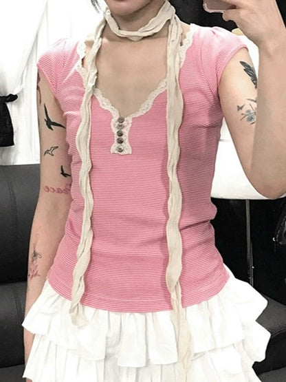 Pink Y2K Striped Lace Trim Button Up Short Sleeve Top