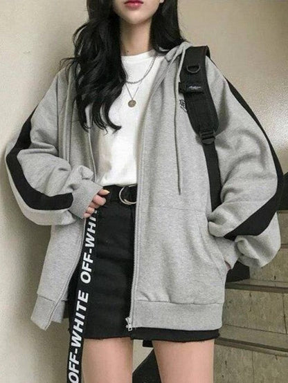 Grey Retro Oversized Zipper Hoodie