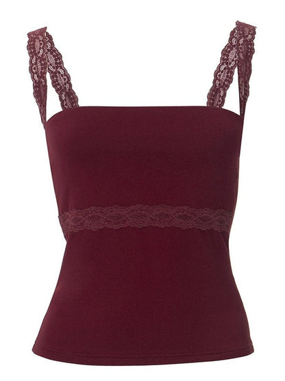 Red Square Neck Lace Slimming Cami Top